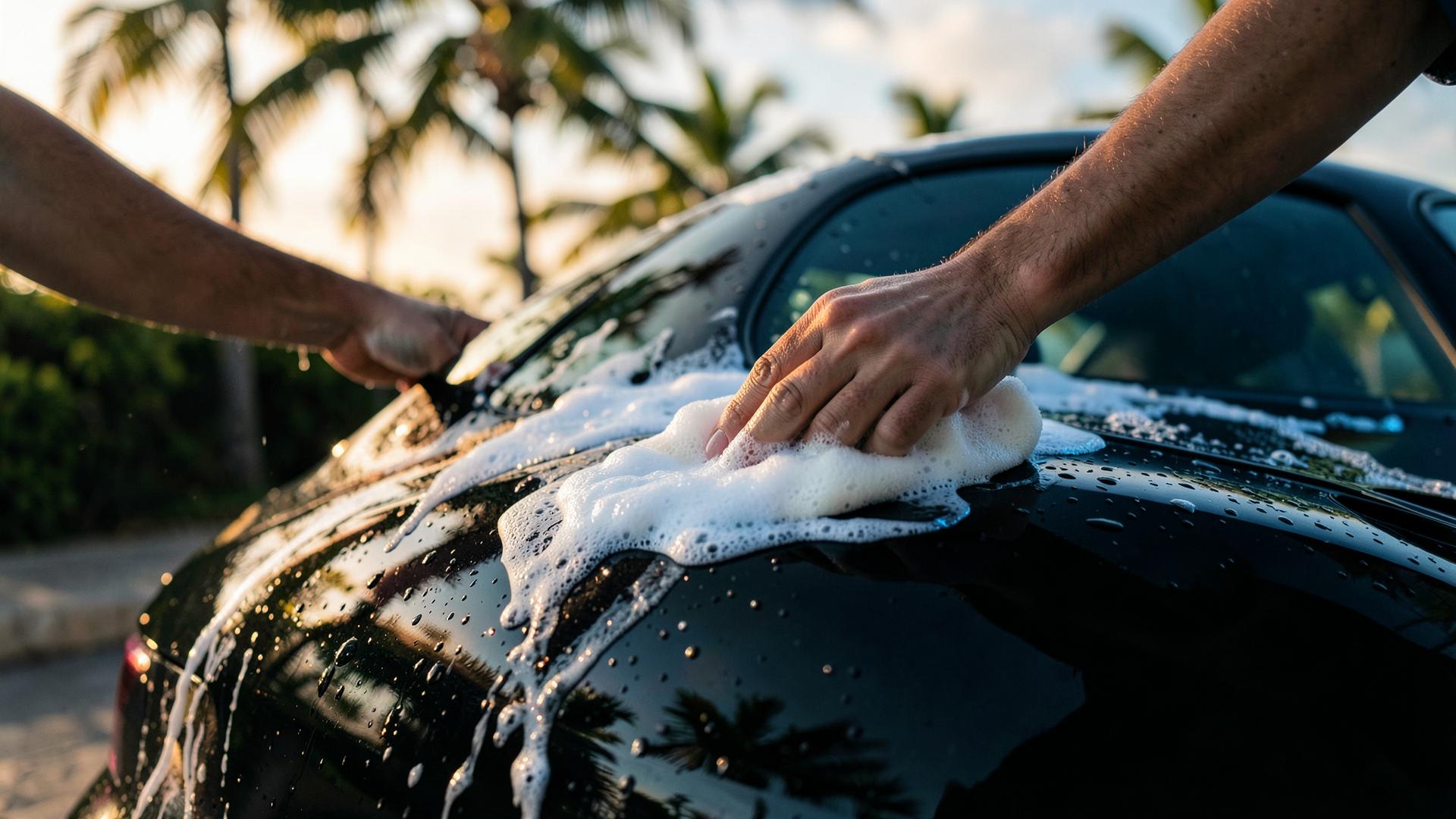 A professional detailer washing a car with thick foam under the Aruba sun