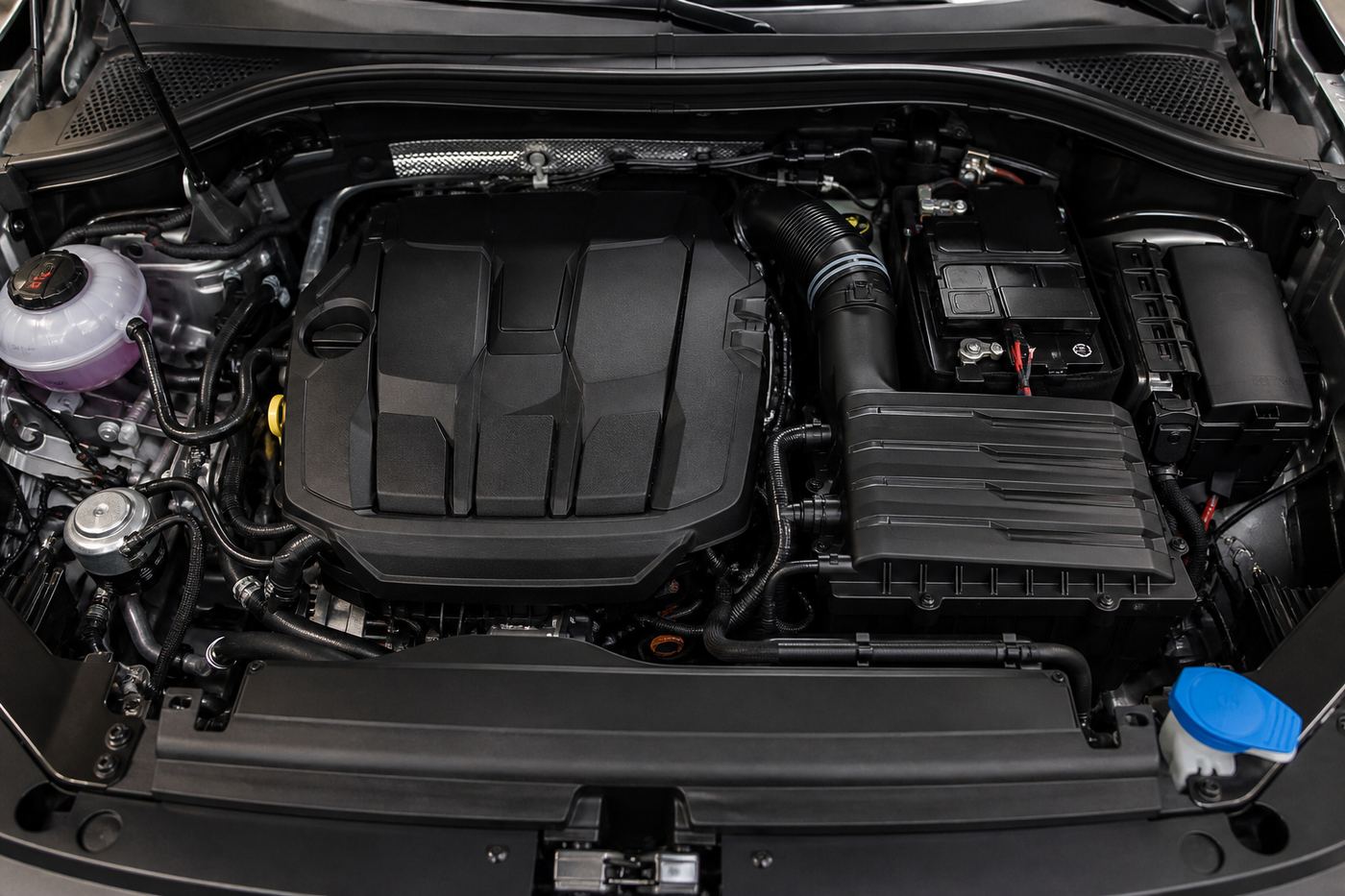 Degreased and dressed engine bay after professional detailing