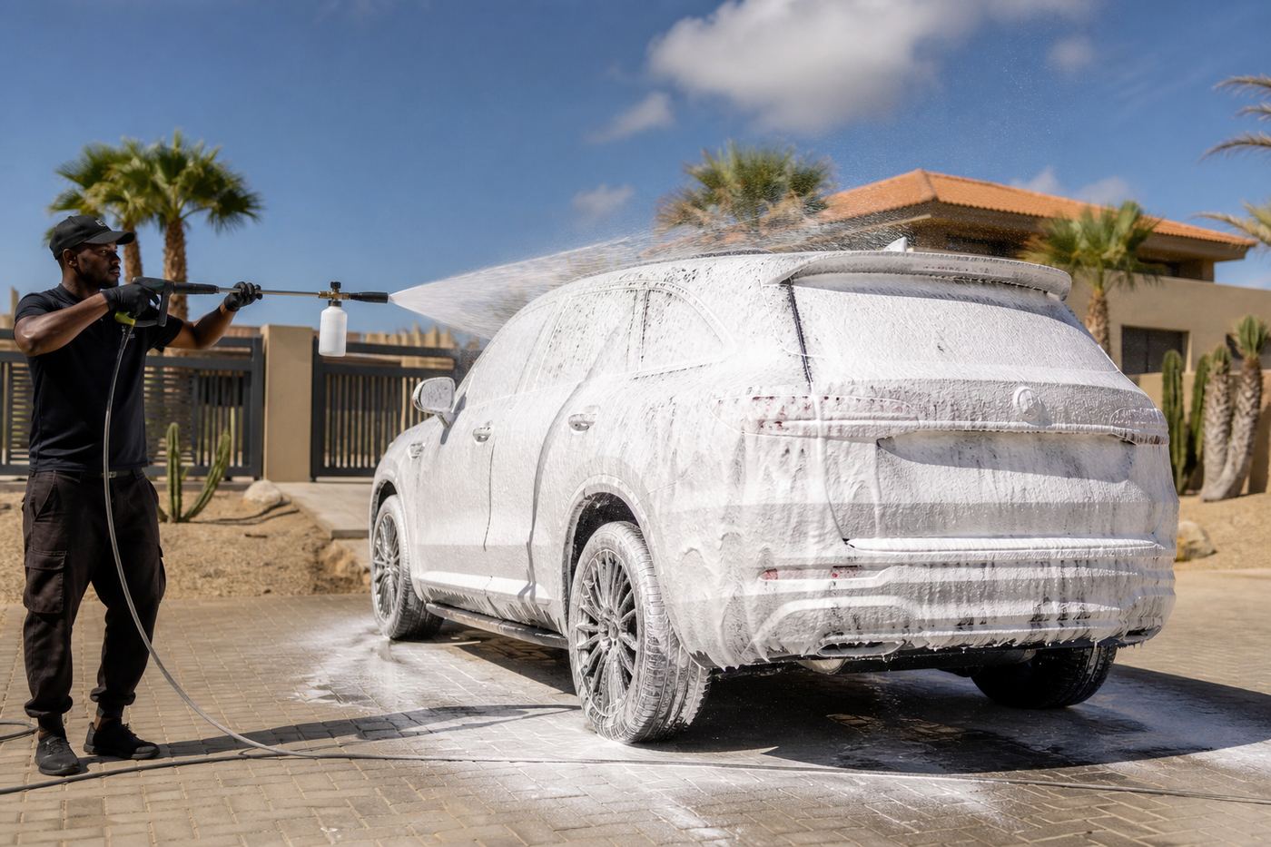 Foam bath applied to a vehicle during a mobile exterior wash in Aruba